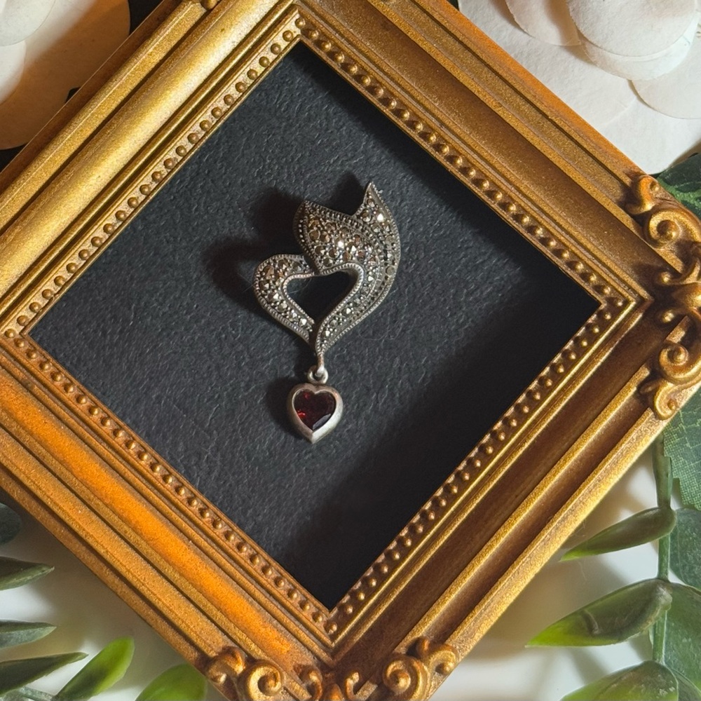 Sterling Heart Pendant With Garnet Heart Dangle